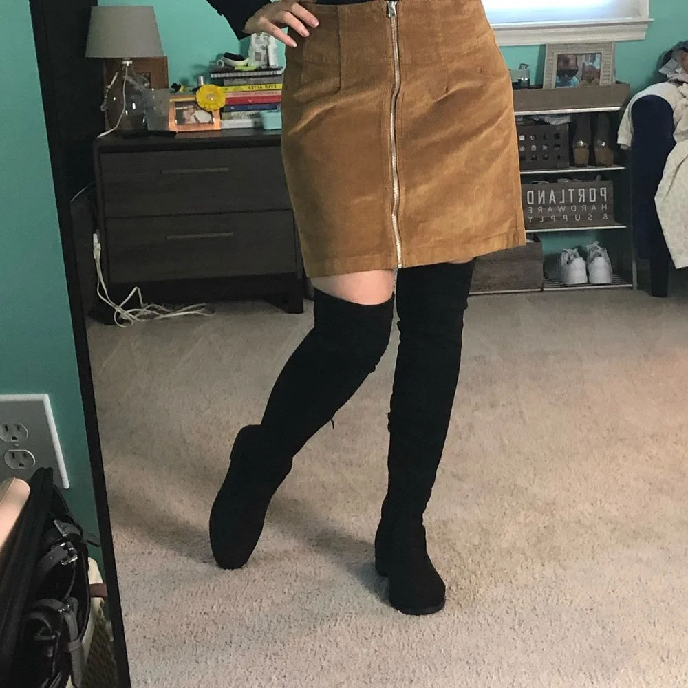 Black Faux Suede Over The Knee Boots‎ Low Block Heel Drawstring Size 7